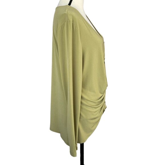 INC X-Large Top Ruched V-Neck Long Sleeve Stretch Hi-Low Hem Button Accent Green - Picture 2 of 8